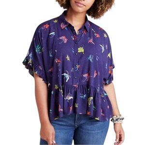 Maeve Anthropologie Mallory Ruffled Blouse Oversized Size Small Butterfly Blue